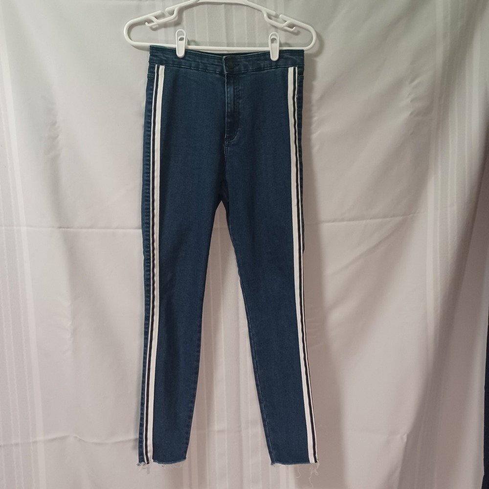 Zara Jeans‎ Womens 6 Blue Trafaluc Side Stripe Skinny High Rise Raw Hem Denim